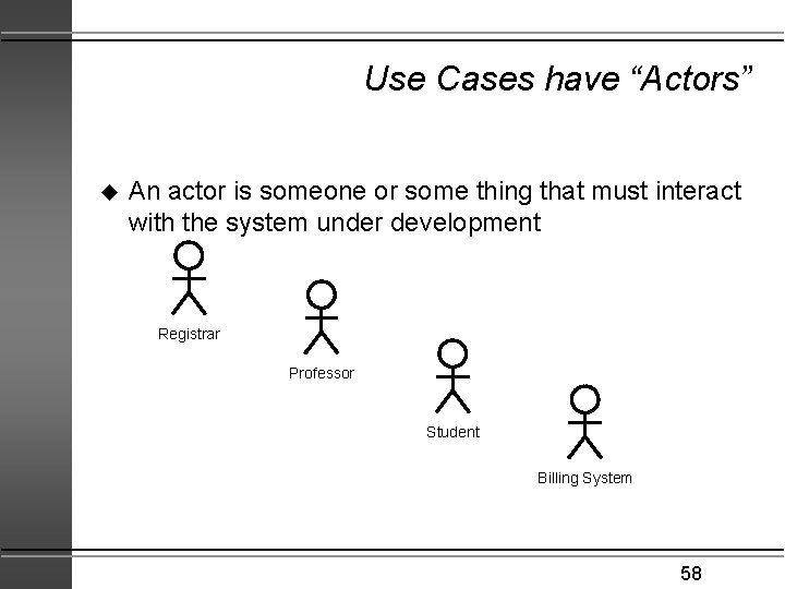 Use Cases have “Actors” u An actor is someone or some thing that must