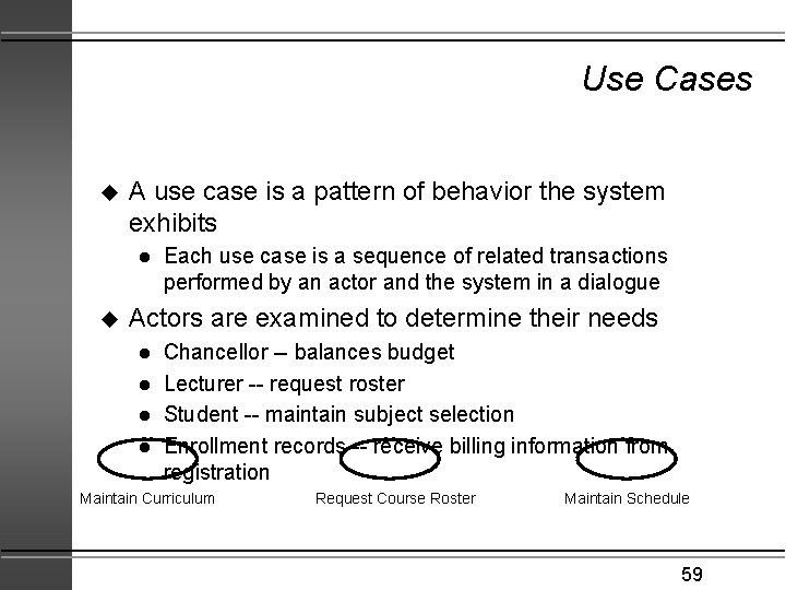 Use Cases u A use case is a pattern of behavior the system exhibits