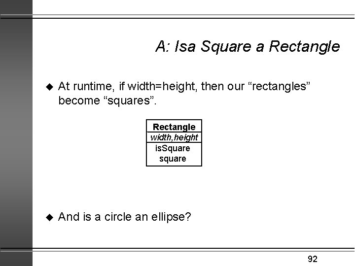 A: Isa Square a Rectangle u At runtime, if width=height, then our “rectangles” become