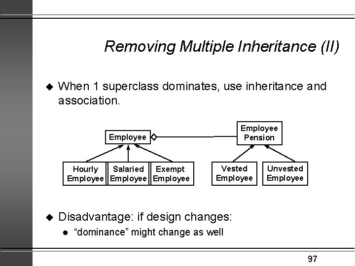 Removing Multiple Inheritance (II) u When 1 superclass dominates, use inheritance and association. Employee