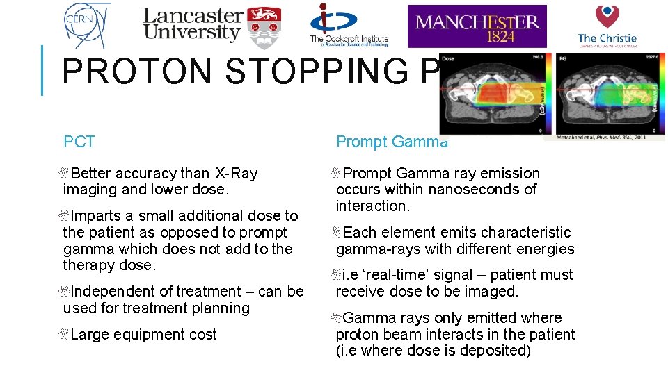 PROTON STOPPING POWER PCT Prompt Gamma Better accuracy than X-Ray imaging and lower dose.