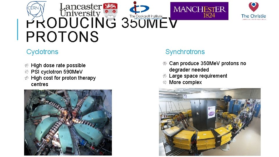 PRODUCING 350 MEV PROTONS Cyclotrons High dose rate possible PSI cyclotron 590 Me. V