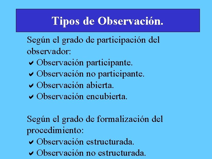 Tipos de Observación. Según el grado de participación del observador: a. Observación participante. a.