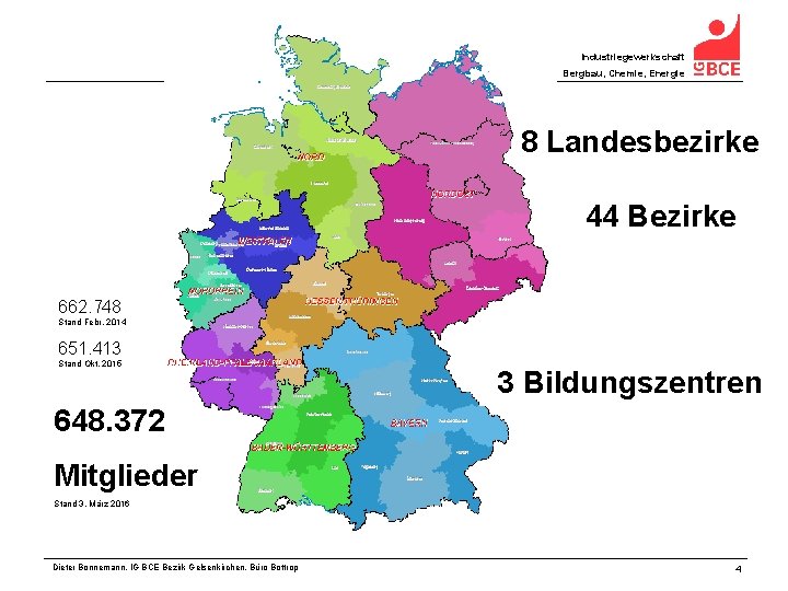 Industriegewerkschaft Bergbau, Chemie, Energie 8 Landesbezirke 44 Bezirke 662. 748 Stand Febr. 2014 651.