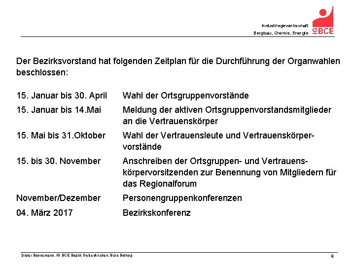 Industriegewerkschaft Bergbau, Chemie, Energie Der Bezirksvorstand hat folgenden Zeitplan für die Durchführung der Organwahlen