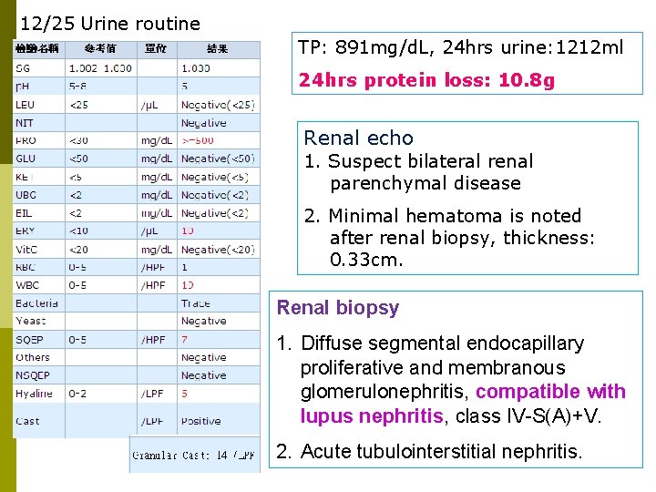 12/25 Urine routine TP: 891 mg/d. L, 24 hrs urine: 1212 ml 24 hrs