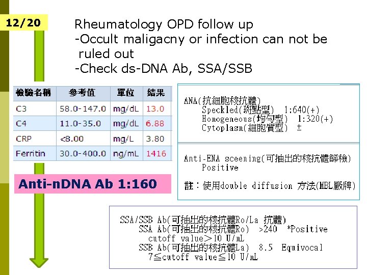 12/20 Rheumatology OPD follow up -Occult maligacny or infection can not be ruled out