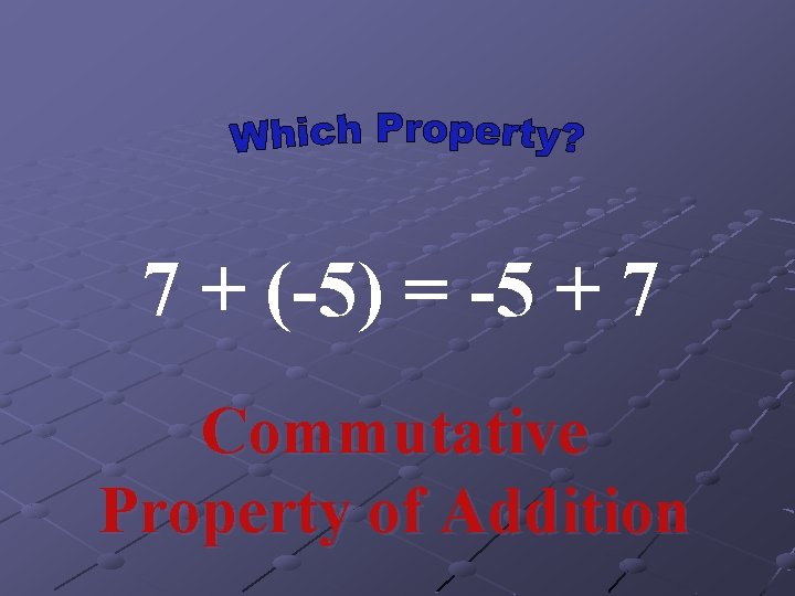 7 + (-5) = -5 + 7 Commutative Property of Addition 
