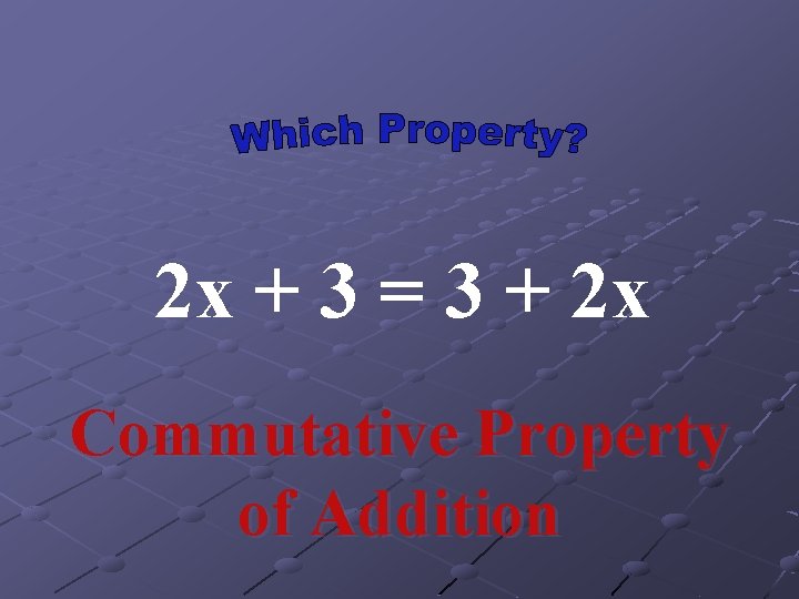 2 x + 3 = 3 + 2 x Commutative Property of Addition 