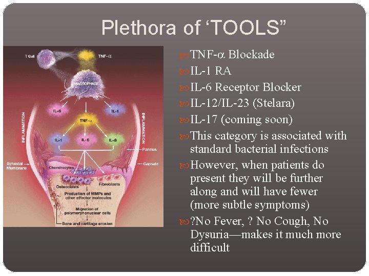 Plethora of ‘TOOLS” TNF-a Blockade IL-1 RA IL-6 Receptor Blocker IL-12/IL-23 (Stelara) IL-17 (coming