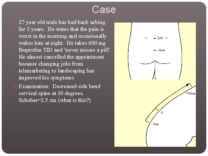 Case 27 year old male has had back aching for 3 years. He states