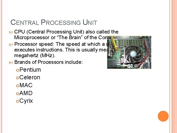 CENTRAL PROCESSING UNIT CPU (Central Processing Unit) also called the Microprocessor or “The Brain” CENTRAL PROCESSING UNIT CPU (Central Processing Unit) also called the Microprocessor or “The Brain”