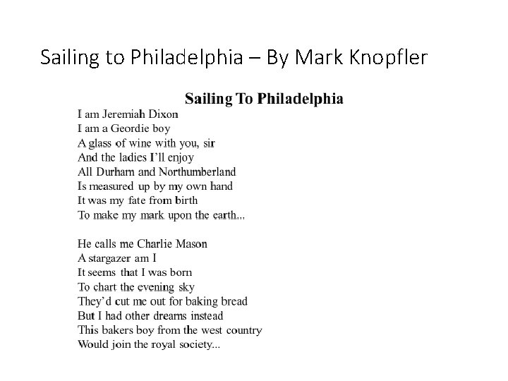 Sailing to Philadelphia – By Mark Knopfler 