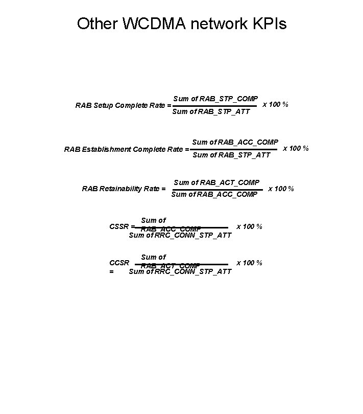 Other WCDMA network KPIs RAB Setup Complete Rate = Sum of RAB_STP_COMP Sum of