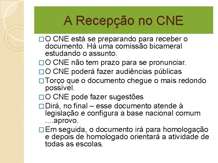 A Recepção no CNE � O CNE está se preparando para receber o documento.