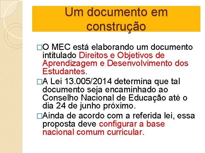 Um documento em construção �O MEC está elaborando um documento intitulado Direitos e Objetivos