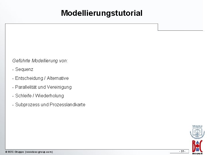 Modellierungstutorial Geführte Modellierung von: - Sequenz - Entscheidung / Alternative - Parallelität und Vereinigung