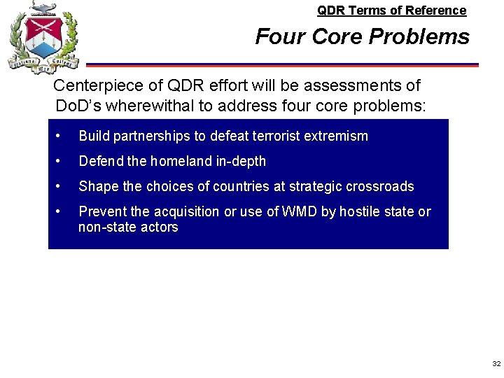 QDR Terms of Reference Four Core Problems Centerpiece of QDR effort will be assessments