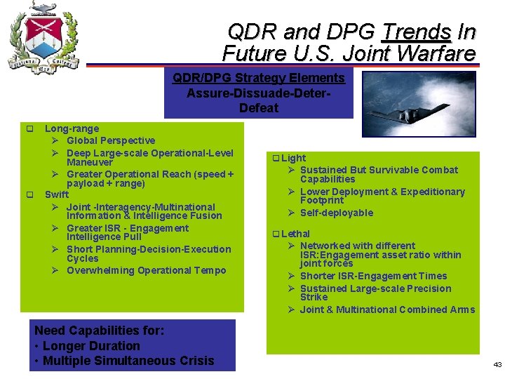 QDR and DPG Trends In Future U. S. Joint Warfare QDR/DPG Strategy Elements Assure-Dissuade-Deter.