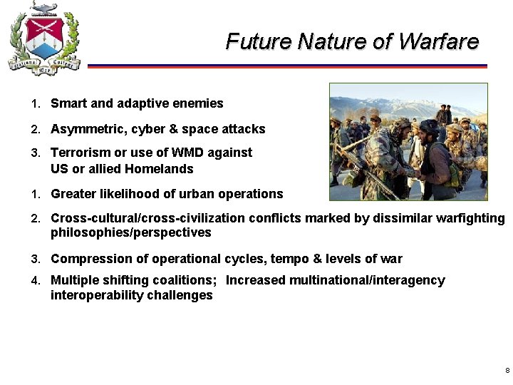 Future Nature of Warfare 1. Smart and adaptive enemies 2. Asymmetric, cyber & space