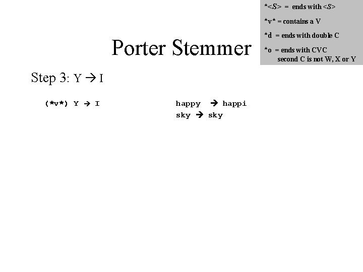 *<S> = ends with <S> *v* = contains a V Porter Stemmer Step 3: