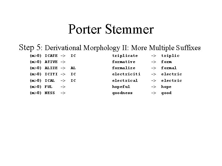 Porter Stemmer Step 5: Derivational Morphology II: More Multiple Suffixes (m>0) (m>0) ICATE ATIVE