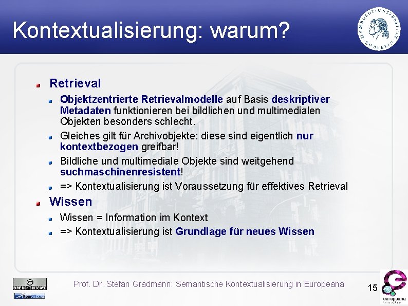 Kontextualisierung: warum? Retrieval Objektzentrierte Retrievalmodelle auf Basis deskriptiver Metadaten funktionieren bei bildlichen und multimedialen