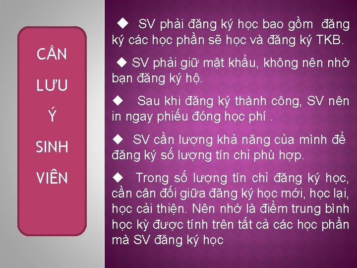  SV phải đăng ký học bao gồm đăng CẦN LƯU ký các học