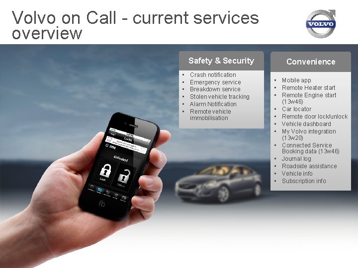 Volvo on Call - current services overview Safety & Security • • • Crash