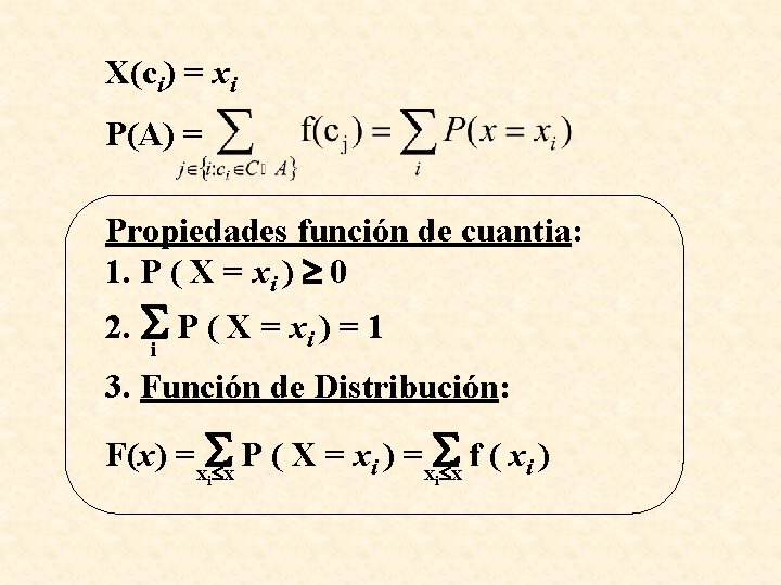 X(ci) = xi P(A) = Propiedades función de cuantia: 1. P ( X =
