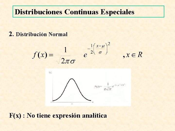 Distribuciones Continuas Especiales 2. Distribución Normal F(x) : No tiene expresión analítica 