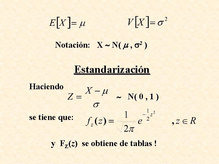 Notación: X N( , 2 ) Estandarización Haciendo N( 0 , 1 ) se