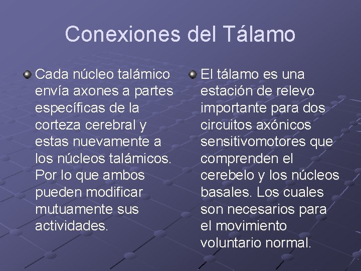 Conexiones del Tálamo Cada núcleo talámico envía axones a partes específicas de la corteza