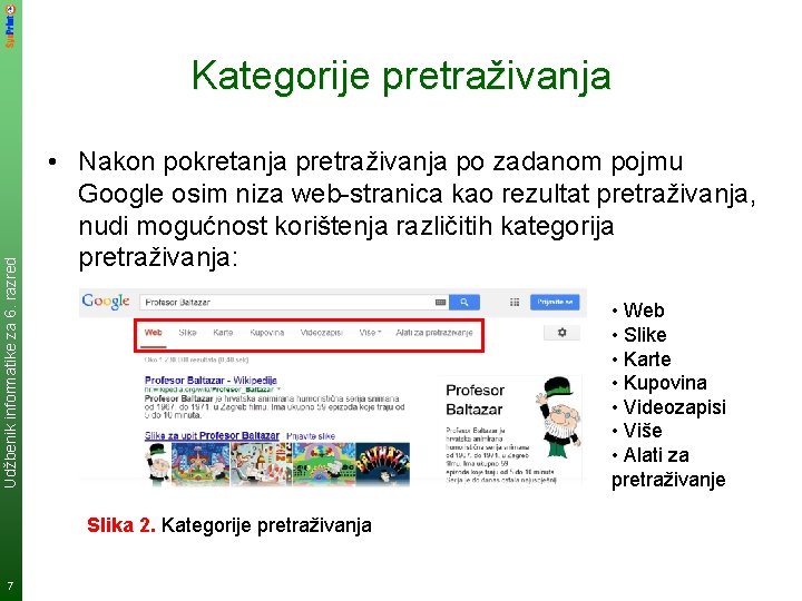 Udžbenik informatike za 6. razred Kategorije pretraživanja • Nakon pokretanja pretraživanja po zadanom pojmu