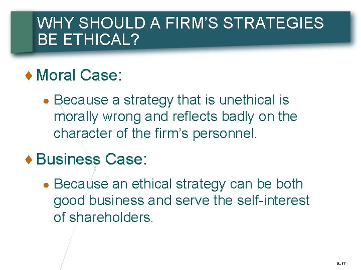WHY SHOULD A FIRM’S STRATEGIES BE ETHICAL? ♦ Moral Case: ● Because a strategy