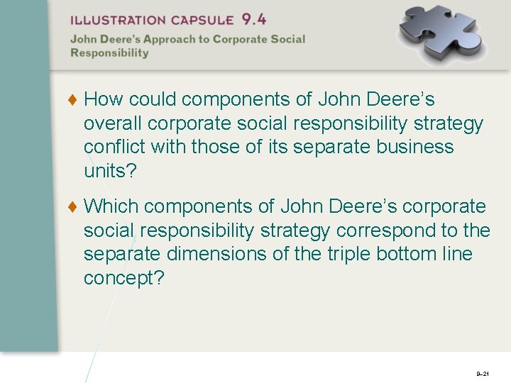 ♦ How could components of John Deere’s overall corporate social responsibility strategy conflict with