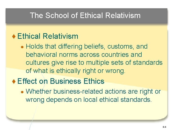 The School of Ethical Relativism ♦ Ethical Relativism ● Holds that differing beliefs, customs,