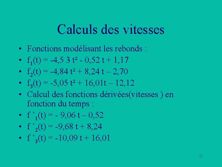 Calculs des vitesses • • • Fonctions modélisant les rebonds : f 1(t) =