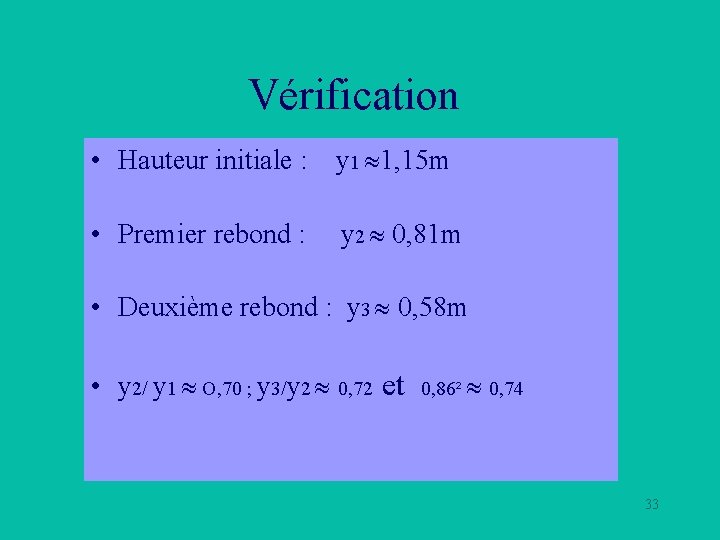Vérification • Hauteur initiale : y 1 1, 15 m • Premier rebond :