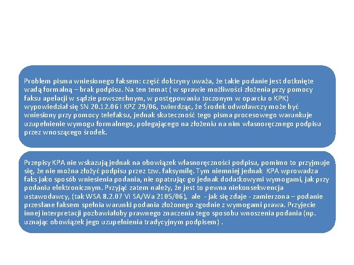 Problem pisma wniesionego faksem: część doktryny uważa, że takie podanie jest dotknięte wadą formalną