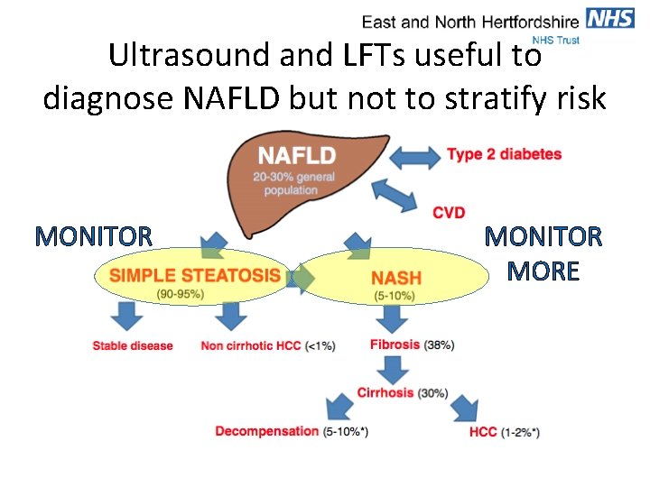 Ultrasound and LFTs useful to diagnose NAFLD but not to stratify risk MONITOR MORE