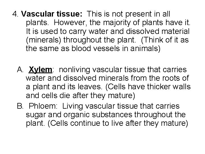 4. Vascular tissue: This is not present in all plants. However, the majority of