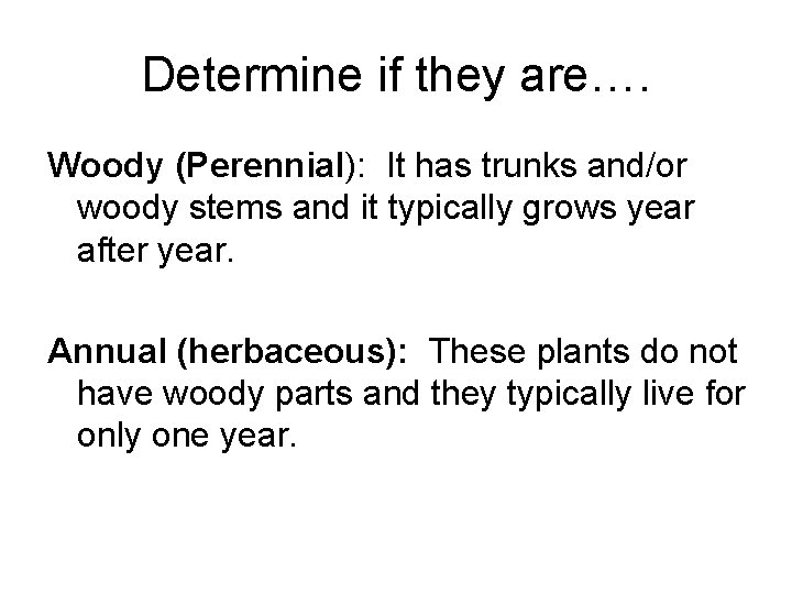 Determine if they are…. Woody (Perennial): It has trunks and/or woody stems and it