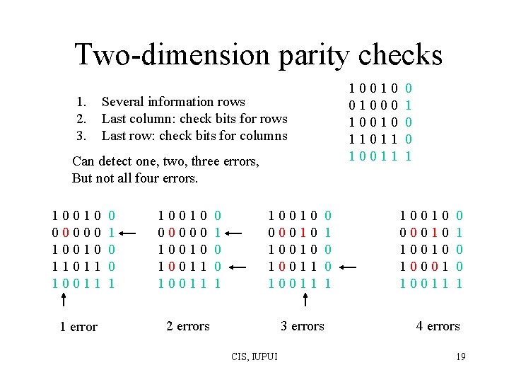 Two-dimension parity checks 1. 2. 3. 10010 01000 10010 11011 10011 Several information rows