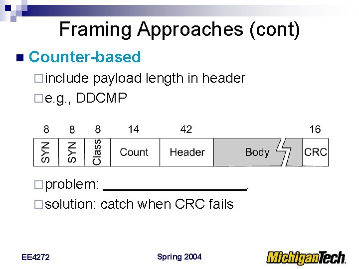 Framing Approaches (cont) n Counter-based ¨ include payload length in header ¨ e. g.