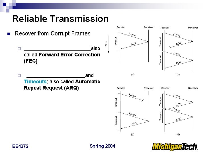 Reliable Transmission n Recover from Corrupt Frames ¨ ; also called Forward Error Correction