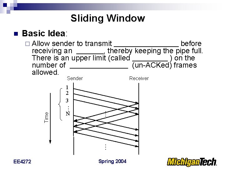 Sliding Window n Basic Idea: ¨ Allow sender to transmit before receiving an ,