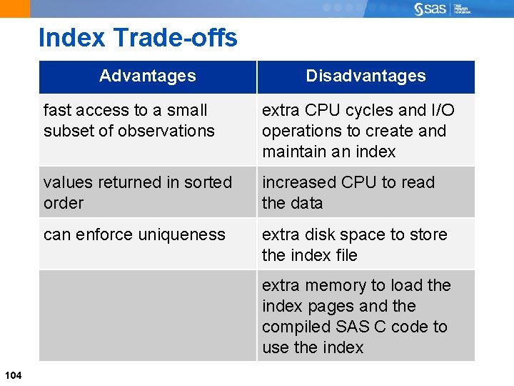 Index Trade-offs Advantages Disadvantages fast access to a small subset of observations extra CPU
