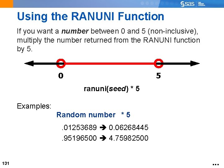 Using the RANUNI Function If you want a number between 0 and 5 (non-inclusive),