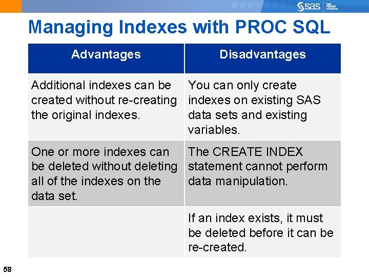 Managing Indexes with PROC SQL Advantages Disadvantages Additional indexes can be You can only